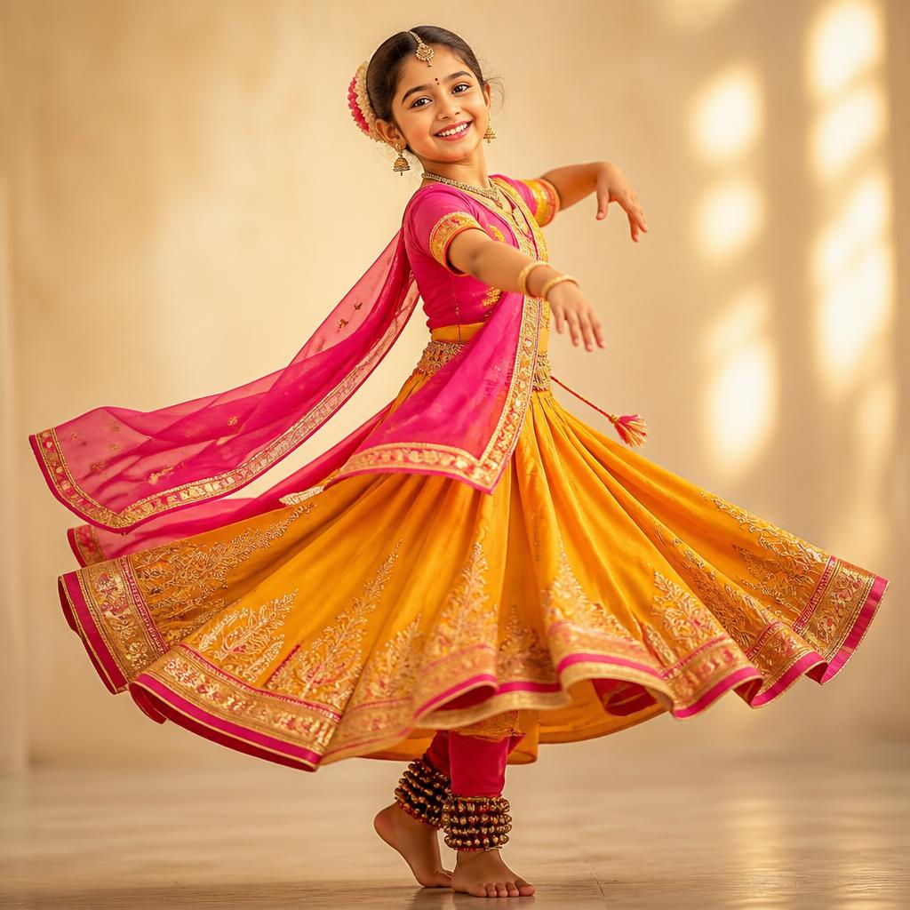 Sia mid-spin in a marigold and rose Kathak costume
