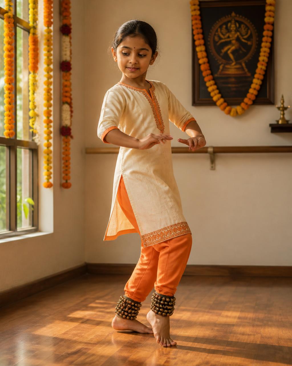 Sia practising Kathak footwork with ghungroo bells in a sunlit studio