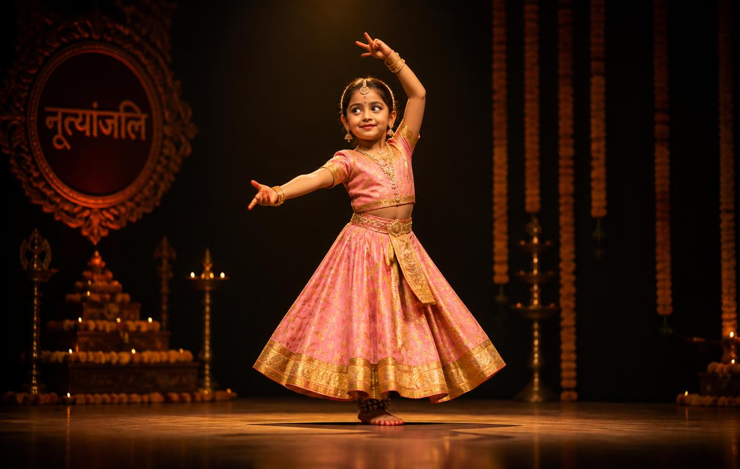 Sia performing Kathak on stage under a warm spotlight